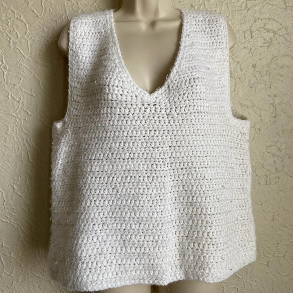 Handmade White crochet tank top sweater vest with V-neckline XL/XXL